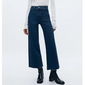 Zara Dark Wash Blue Marine Jeans Women's Size 4 Wide Leg Raw Hem Retro Lookp